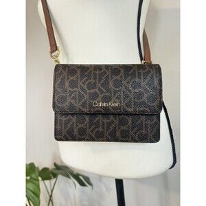 Calvin Klein Brown Monogram Crossbody Bag Small Flap Logo Purse